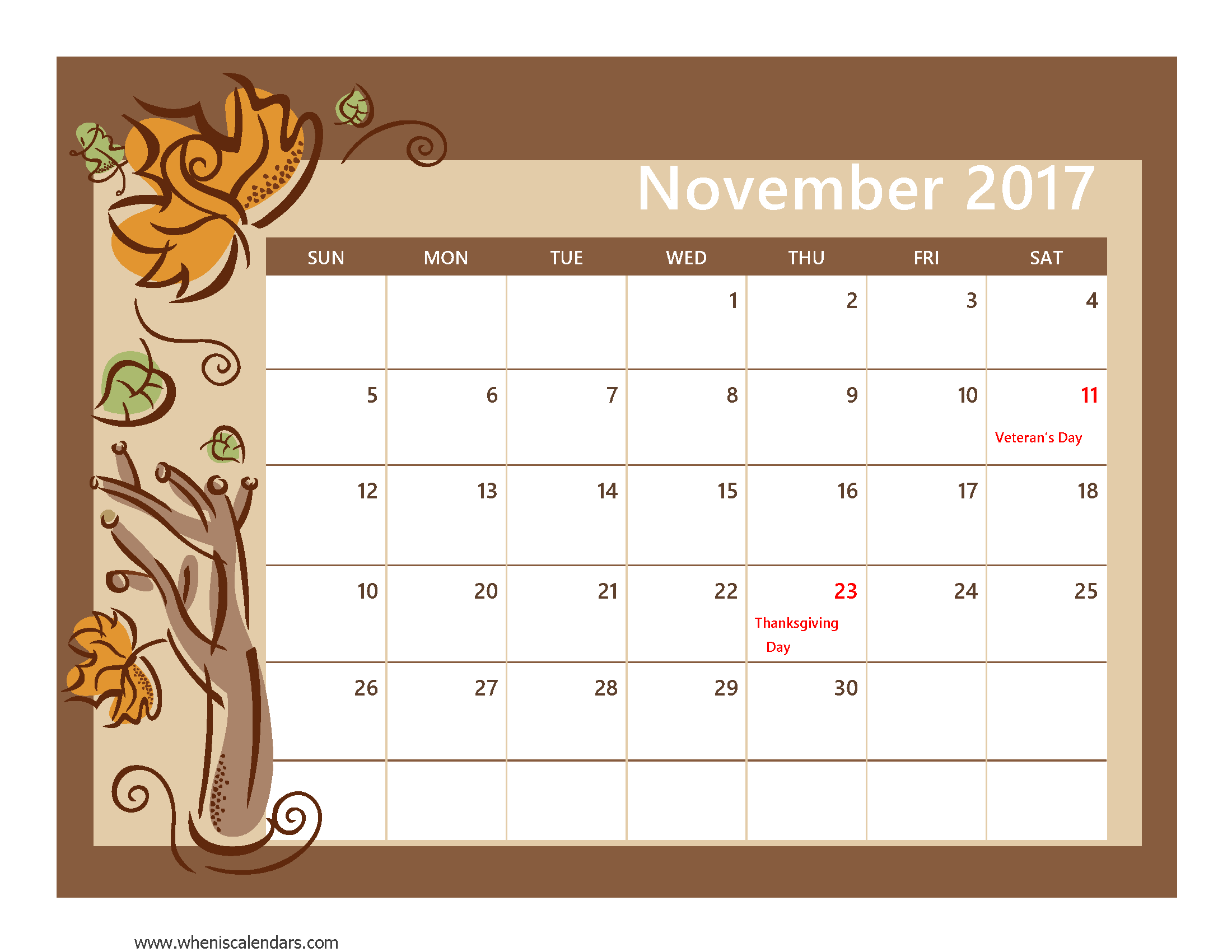November 2017 Calendar Pdf | weekly calendar template