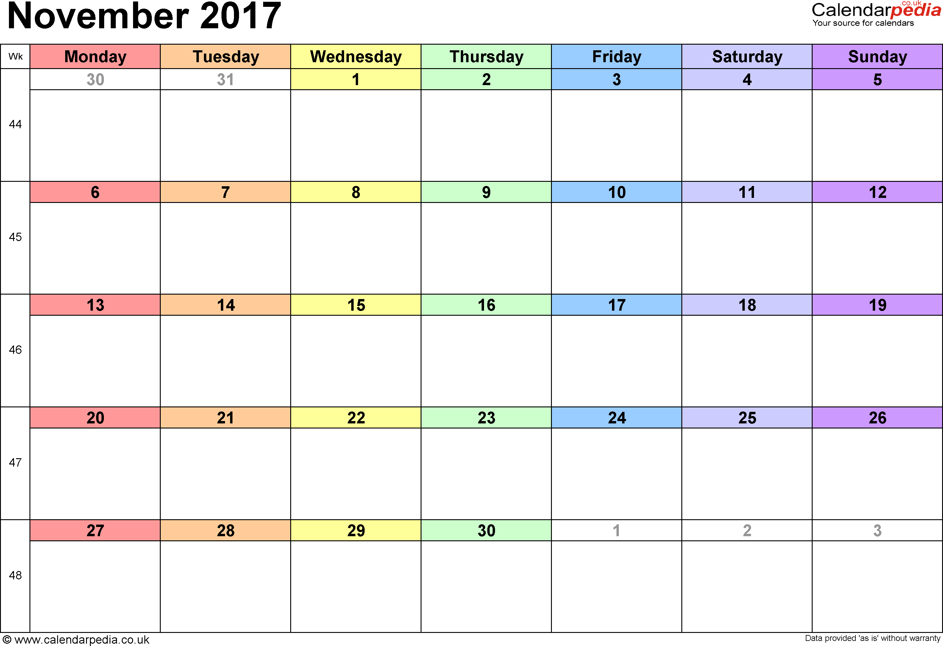 Calendar November 2017 UK, Bank Holidays, Excel/PDF/Word Templates