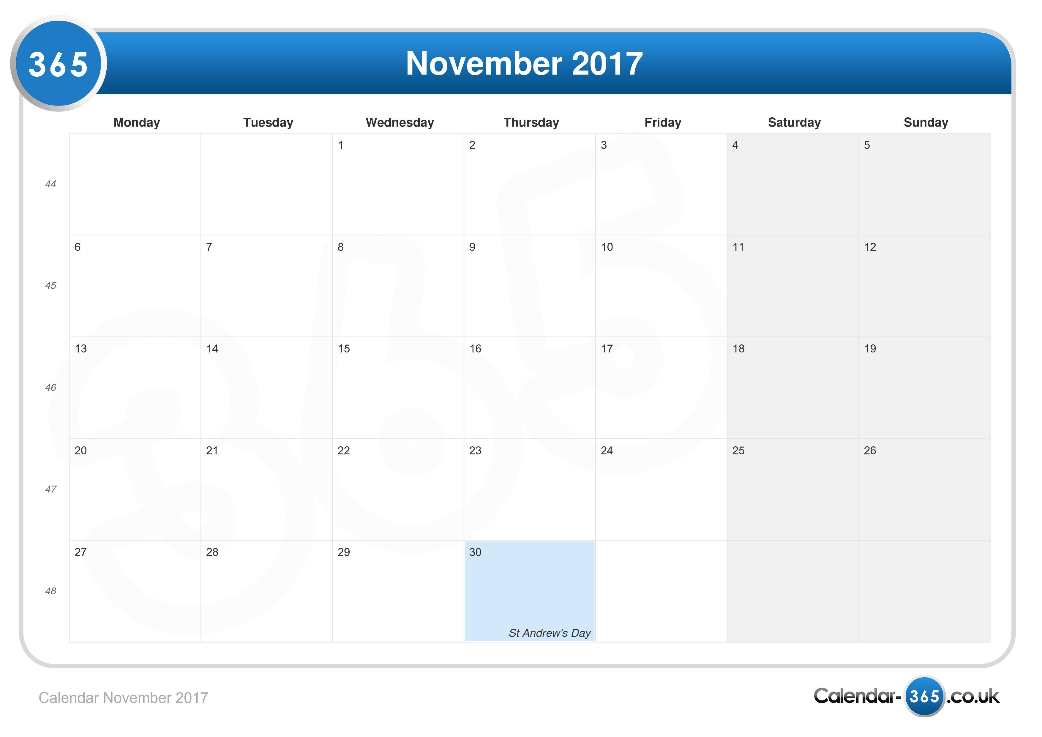November 2017 Calendar Uk | monthly calendar printable