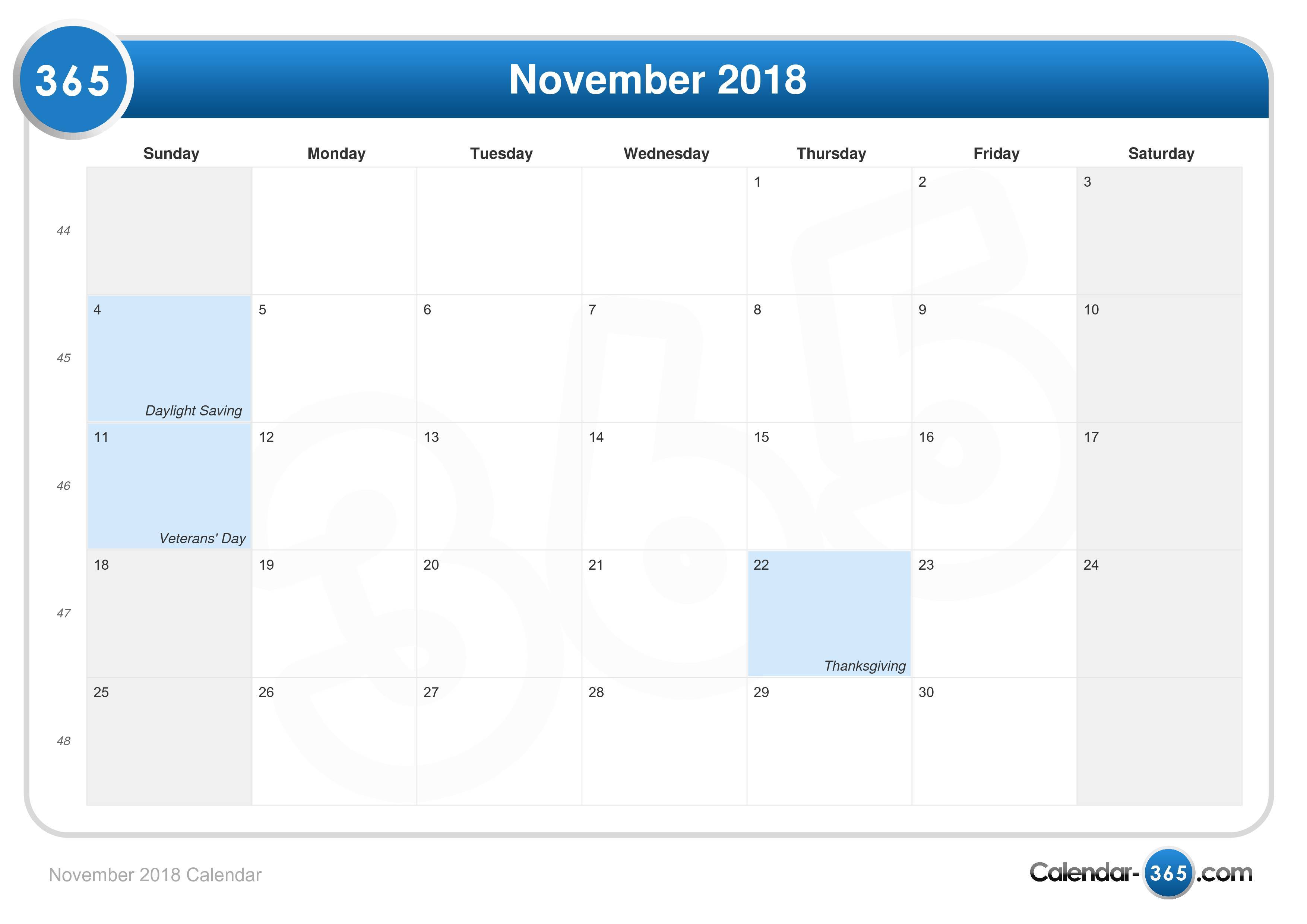November 2018 Calendar Template November 2018 Calendar Template