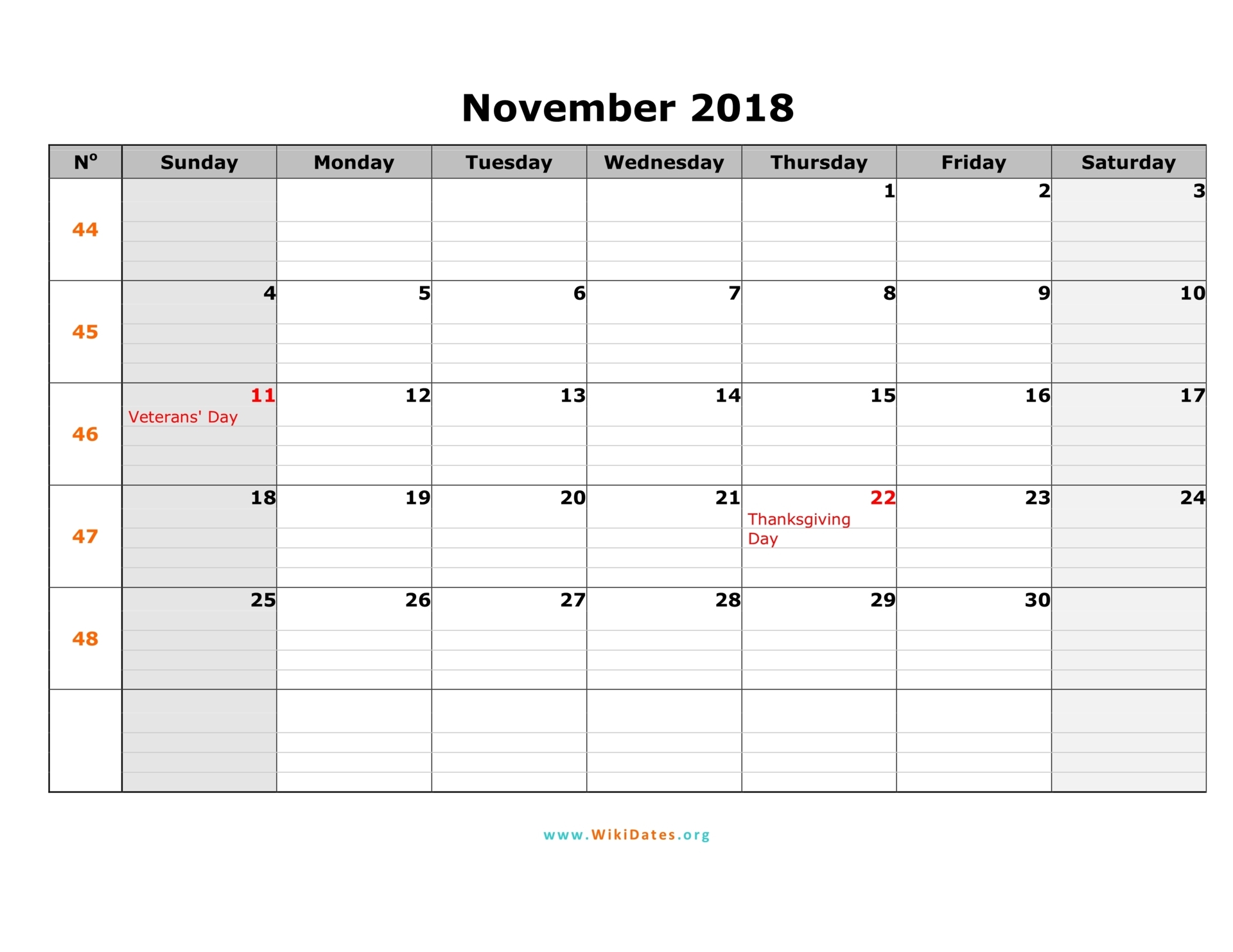 Blank Calendar for November 2018