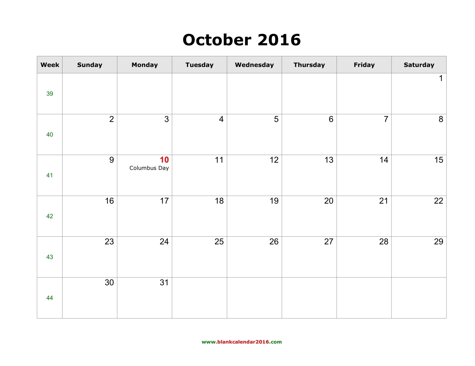 Blank Calendar for October 2016 Blank Calendar for October 2016