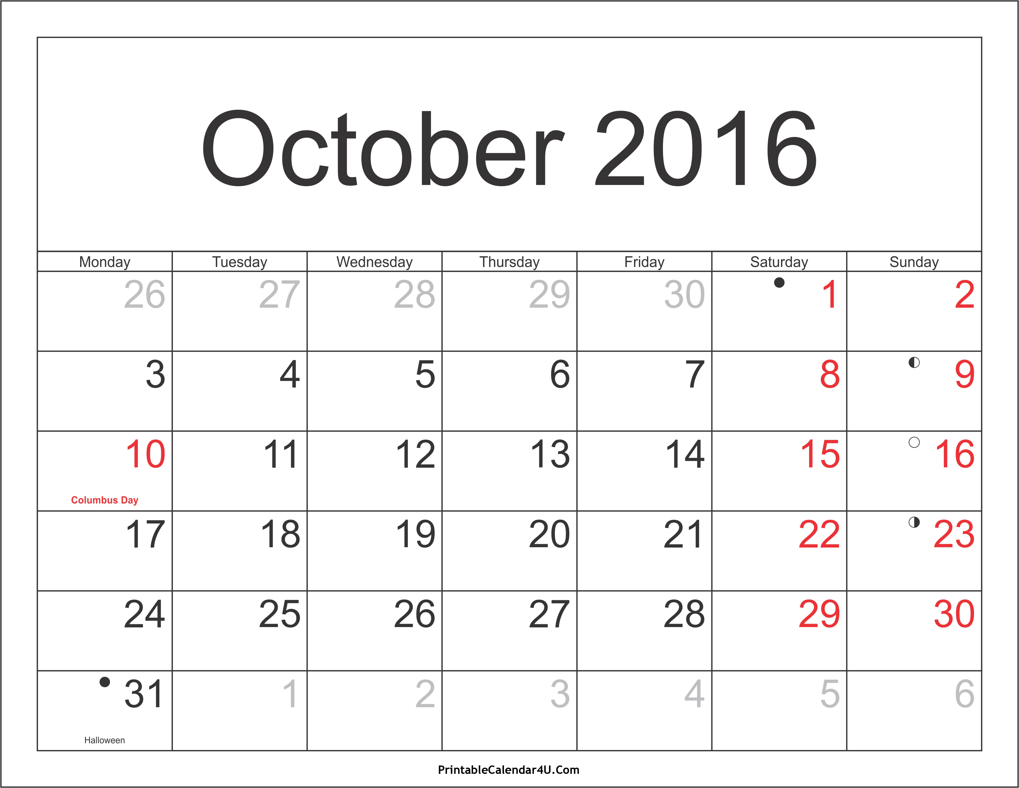 October 2016 Calendar, Printable & Template | Halloween Celebration