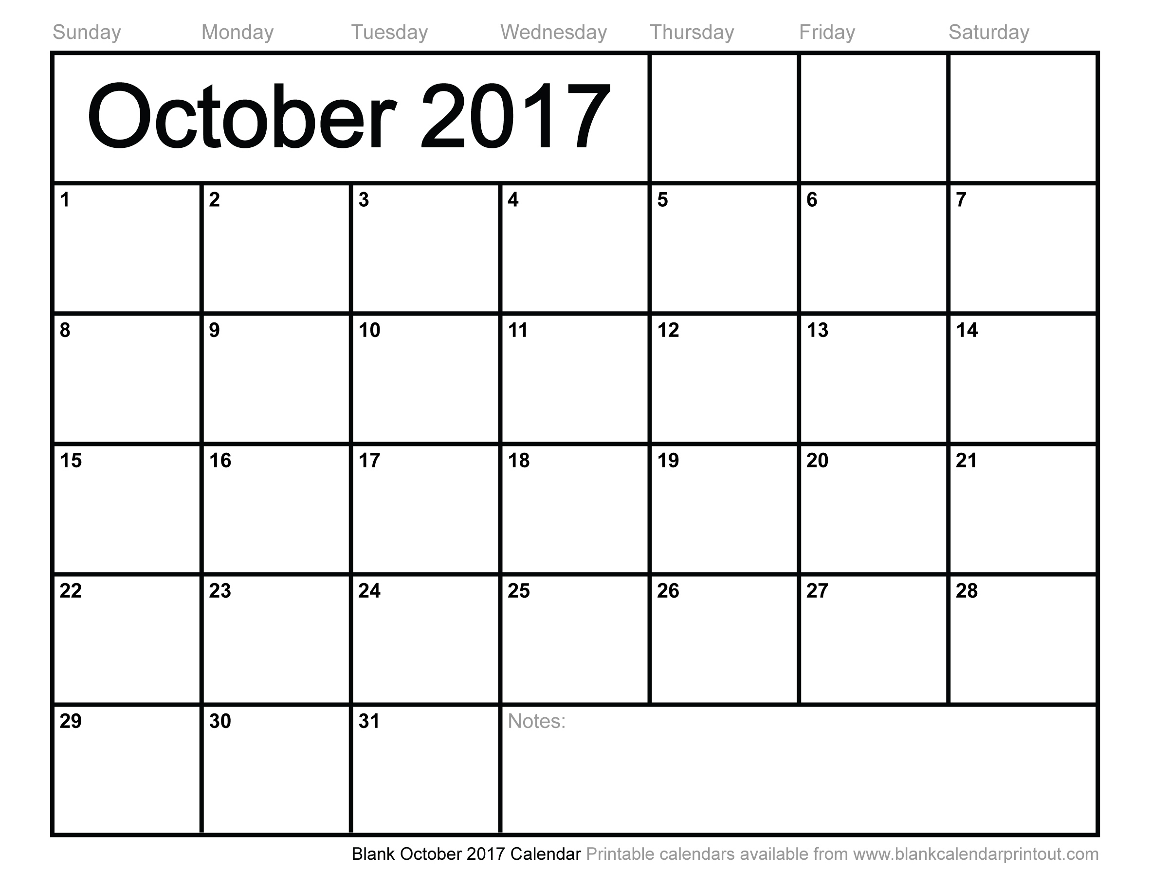 Blank October 2017 Calendar to Print