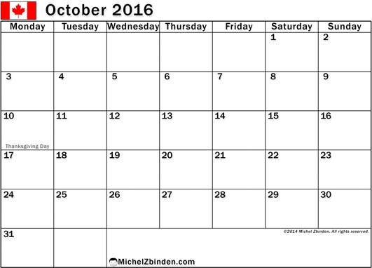 October 2017 Calendar Canada | monthly calendar printable
