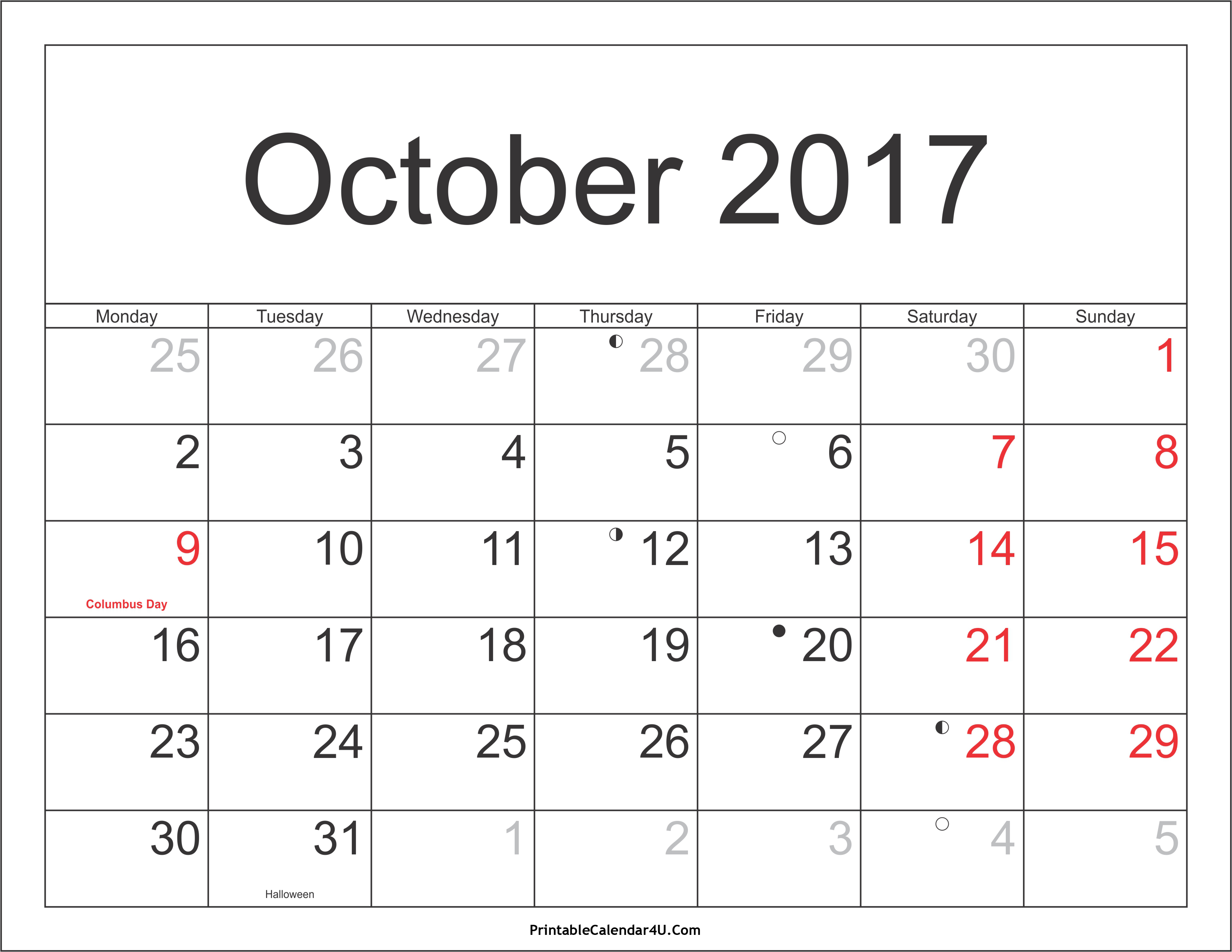 October 2017 Calendar Printable with Holidays PDF and 