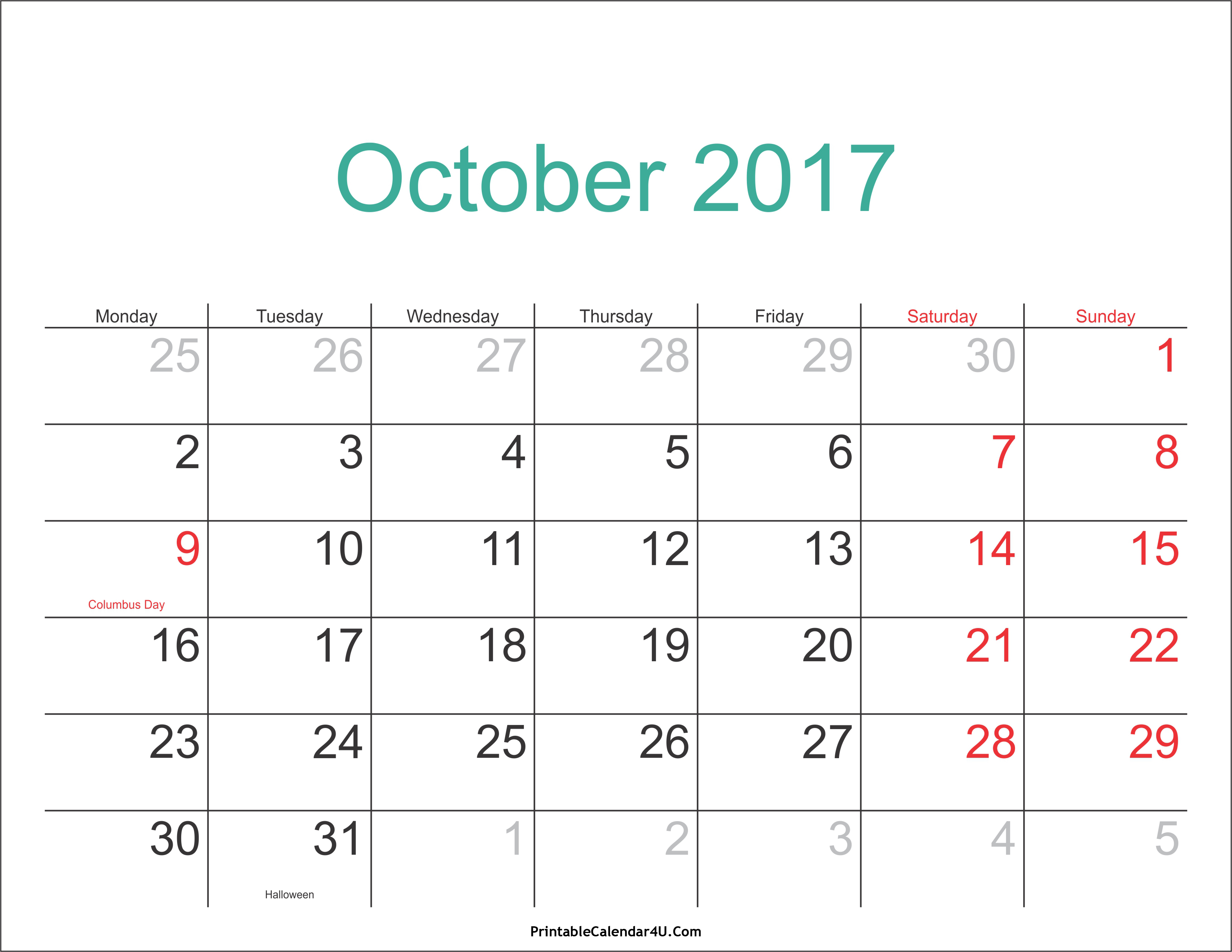 October 2017 Calendar Printable with Holidays PDF and 