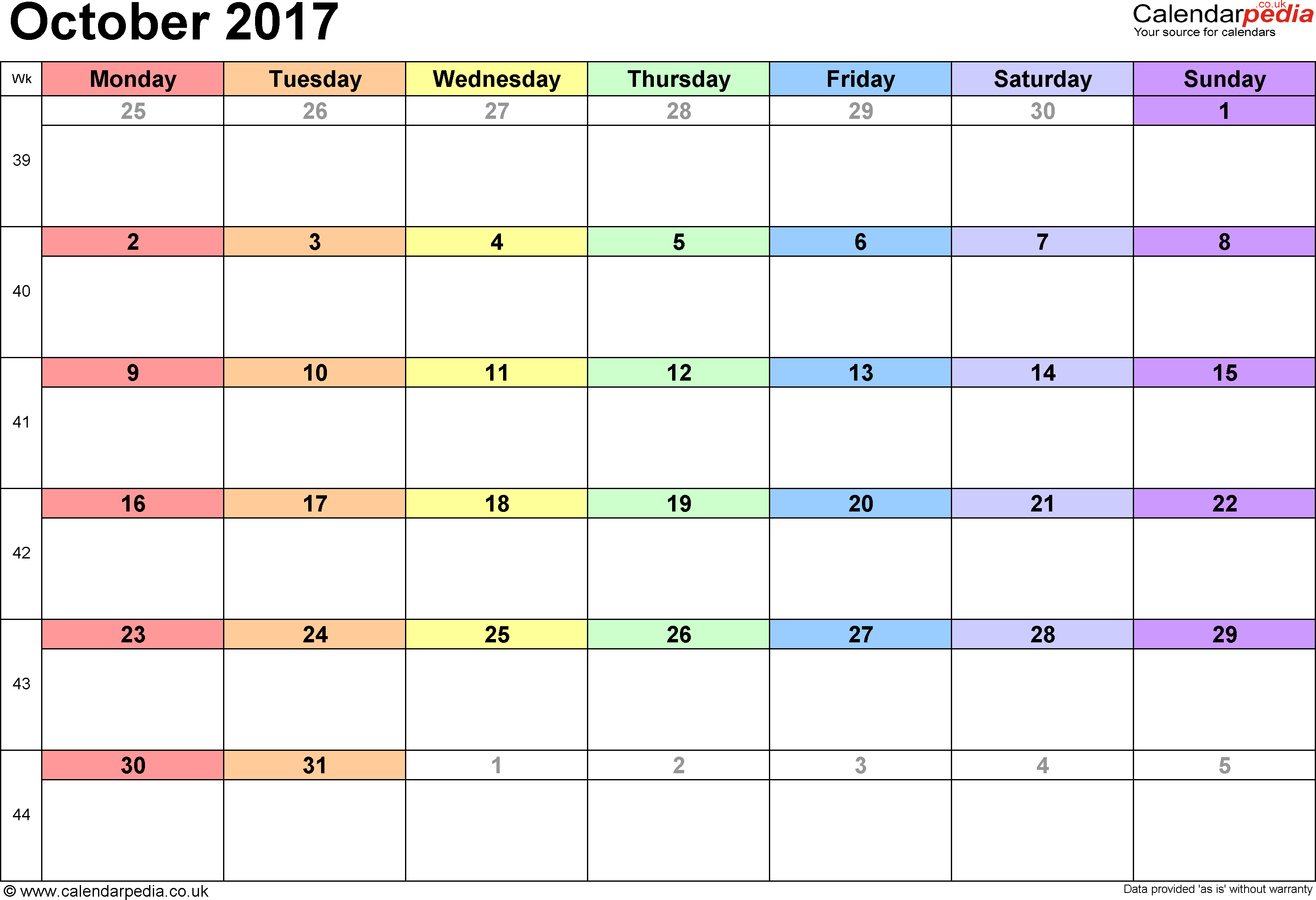 Calendar October 2017 UK, Bank Holidays, Excel/PDF/Word Templates