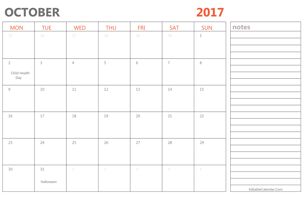 Editable October 2017 Calendar Template Ms Word, PDF