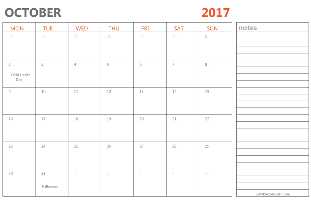 Editable October 2017 Calendar Template Ms Word, PDF Editable October 2017 Calendar Template Ms Word, PDF