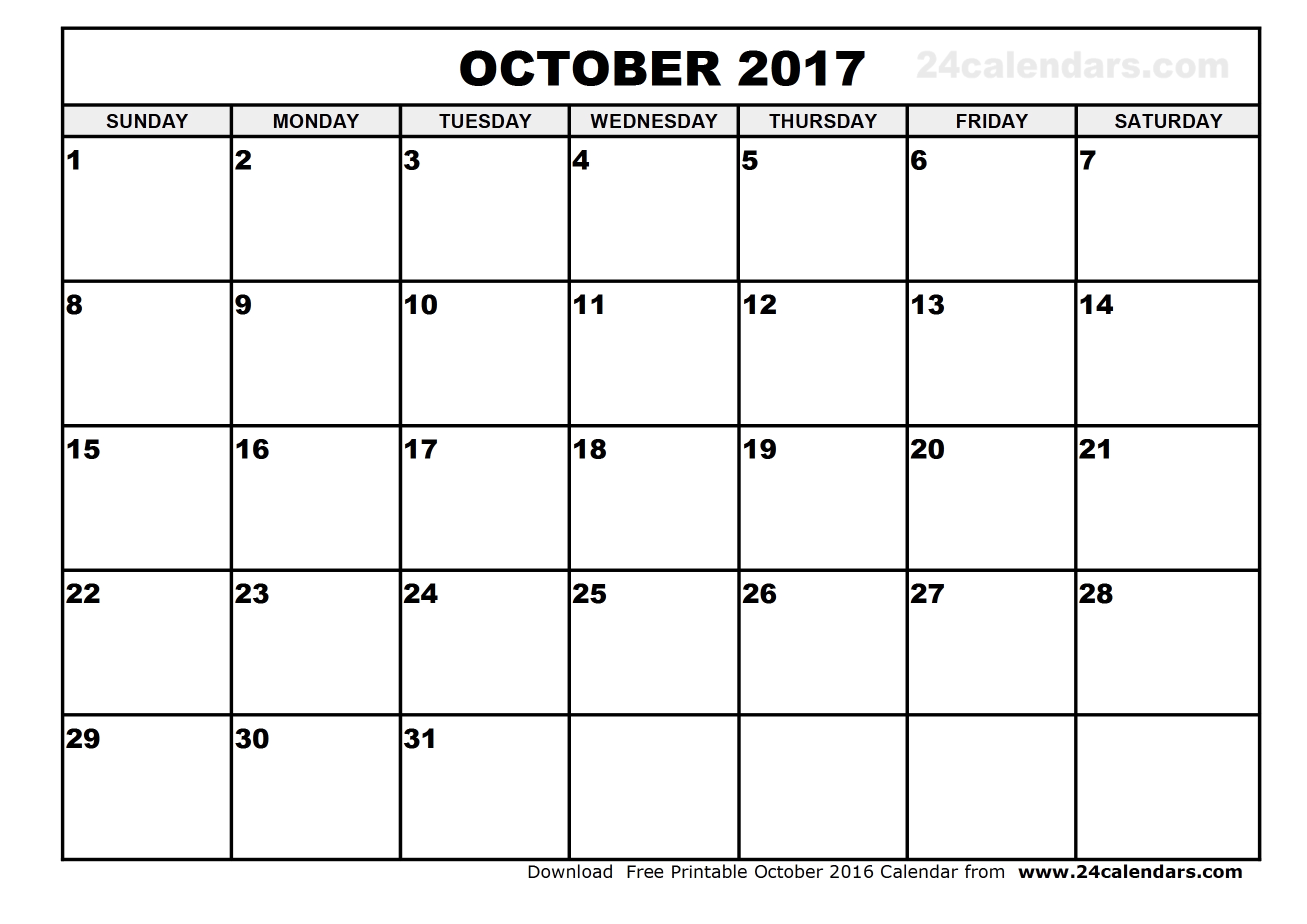 October 2017 Calendar Template | weekly calendar template