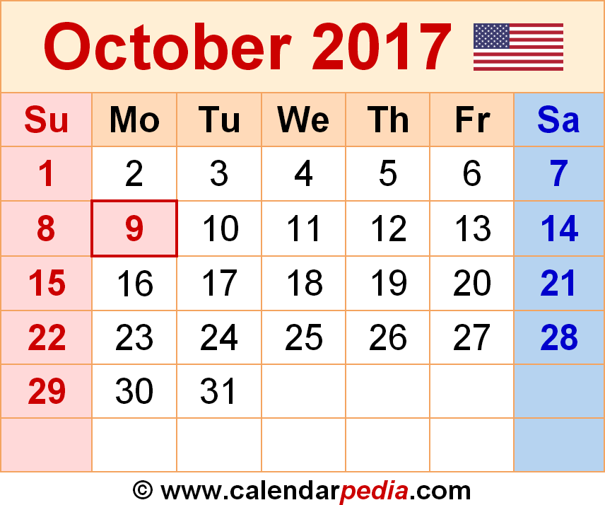 October 2017 Calendars for Word, Excel & PDF