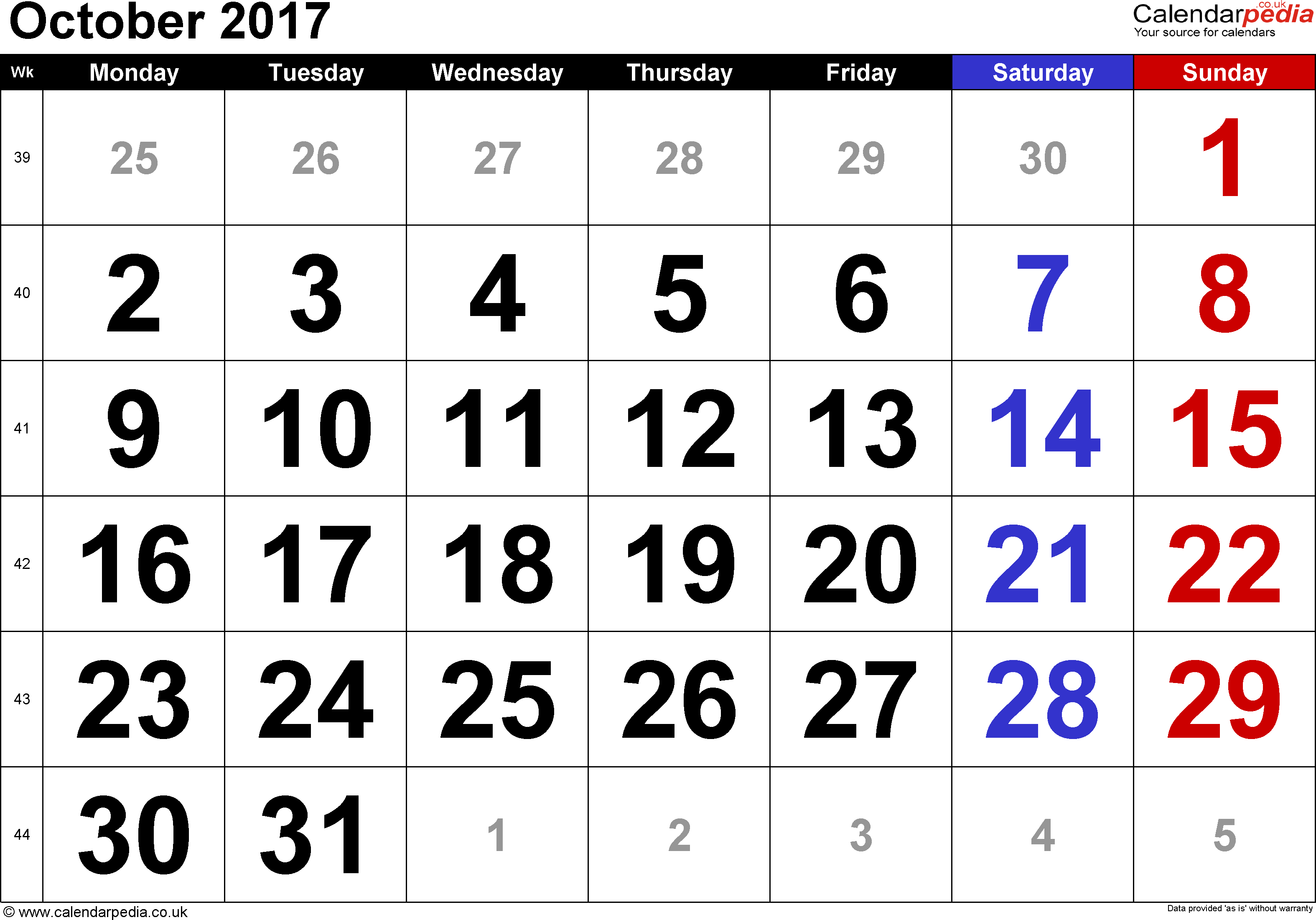 Calendar October 2017 UK, Bank Holidays, Excel/PDF/Word Templates