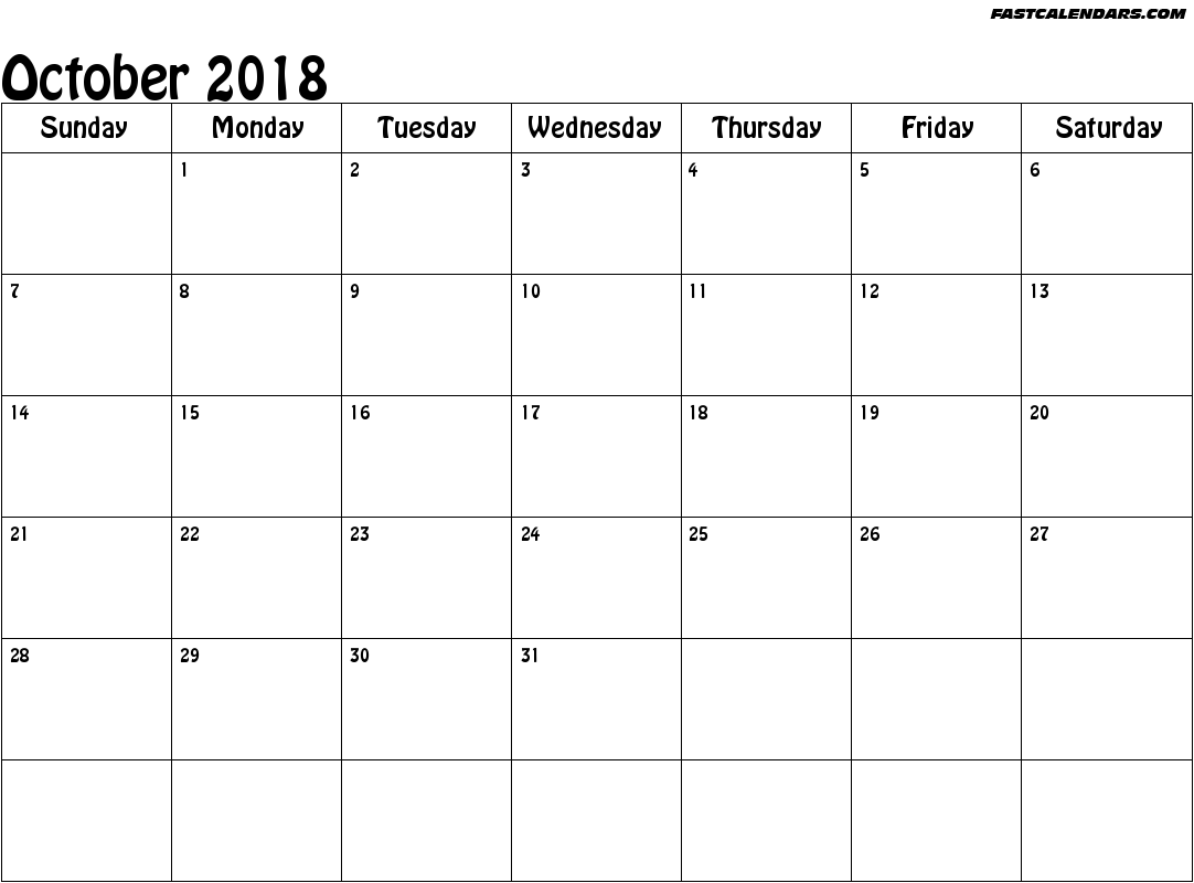 Blank October 2018 Calendar in Printable format.