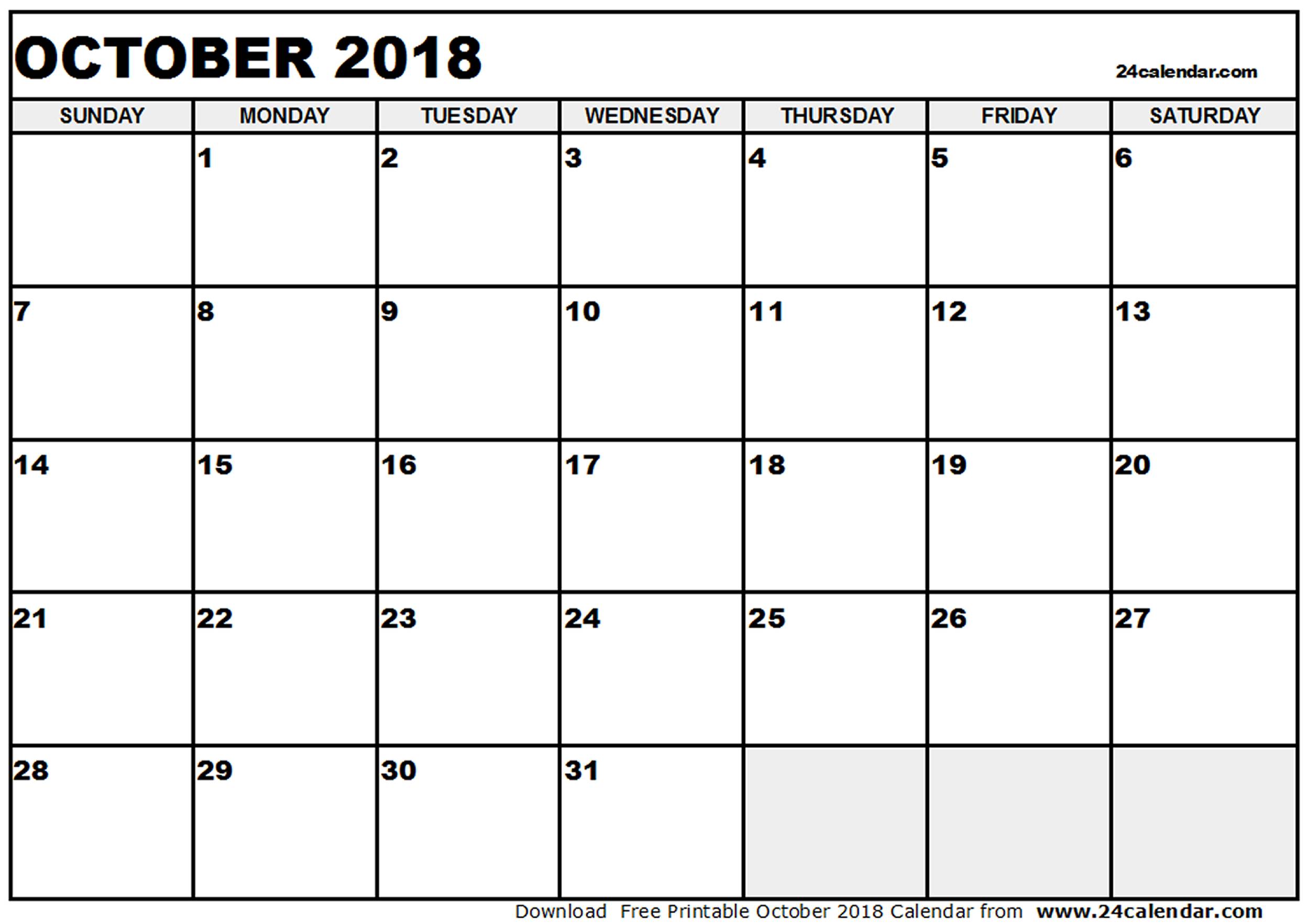 October 2018 calendar & October 2018 calendar printable