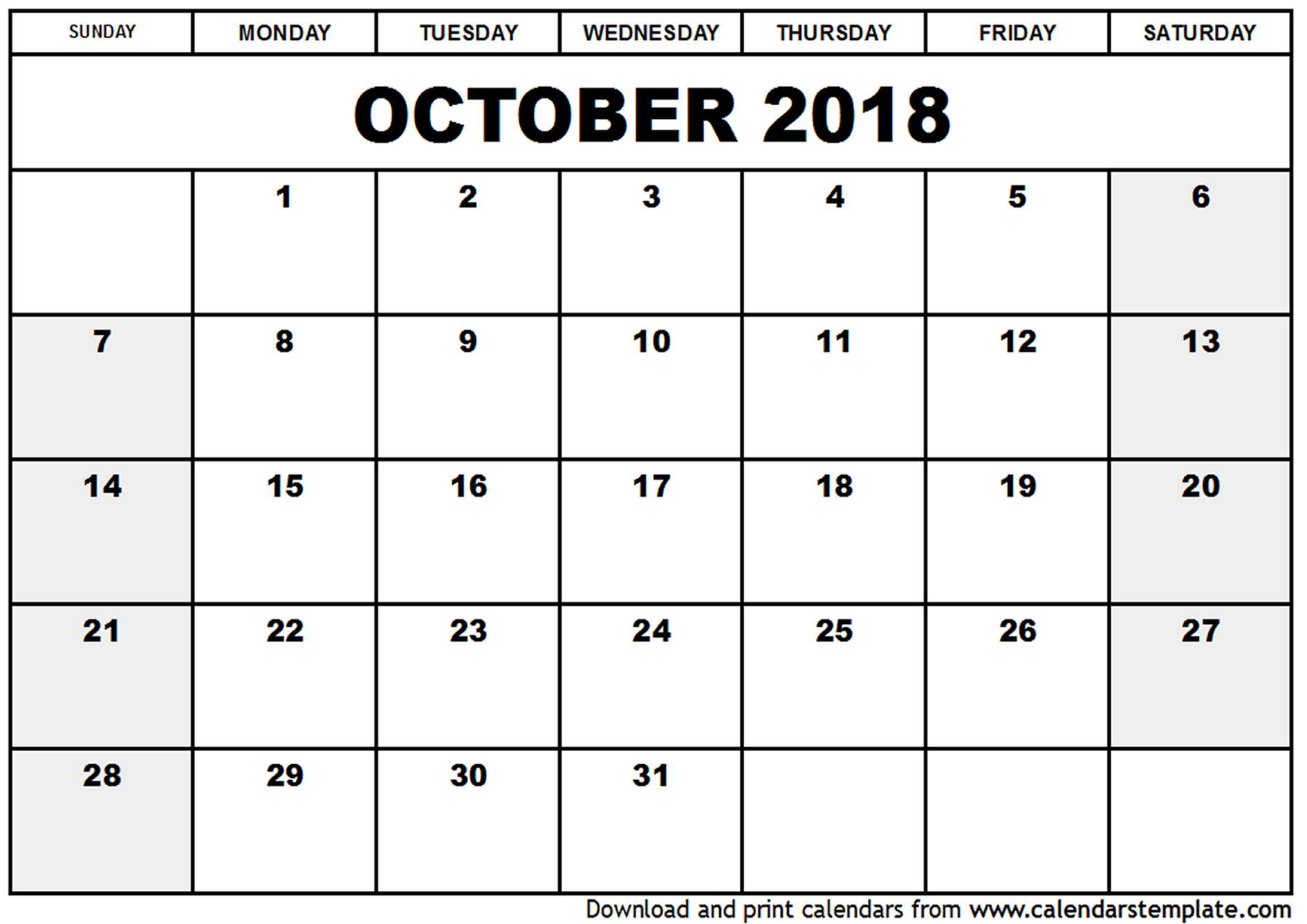 October 2018 Calendar Template