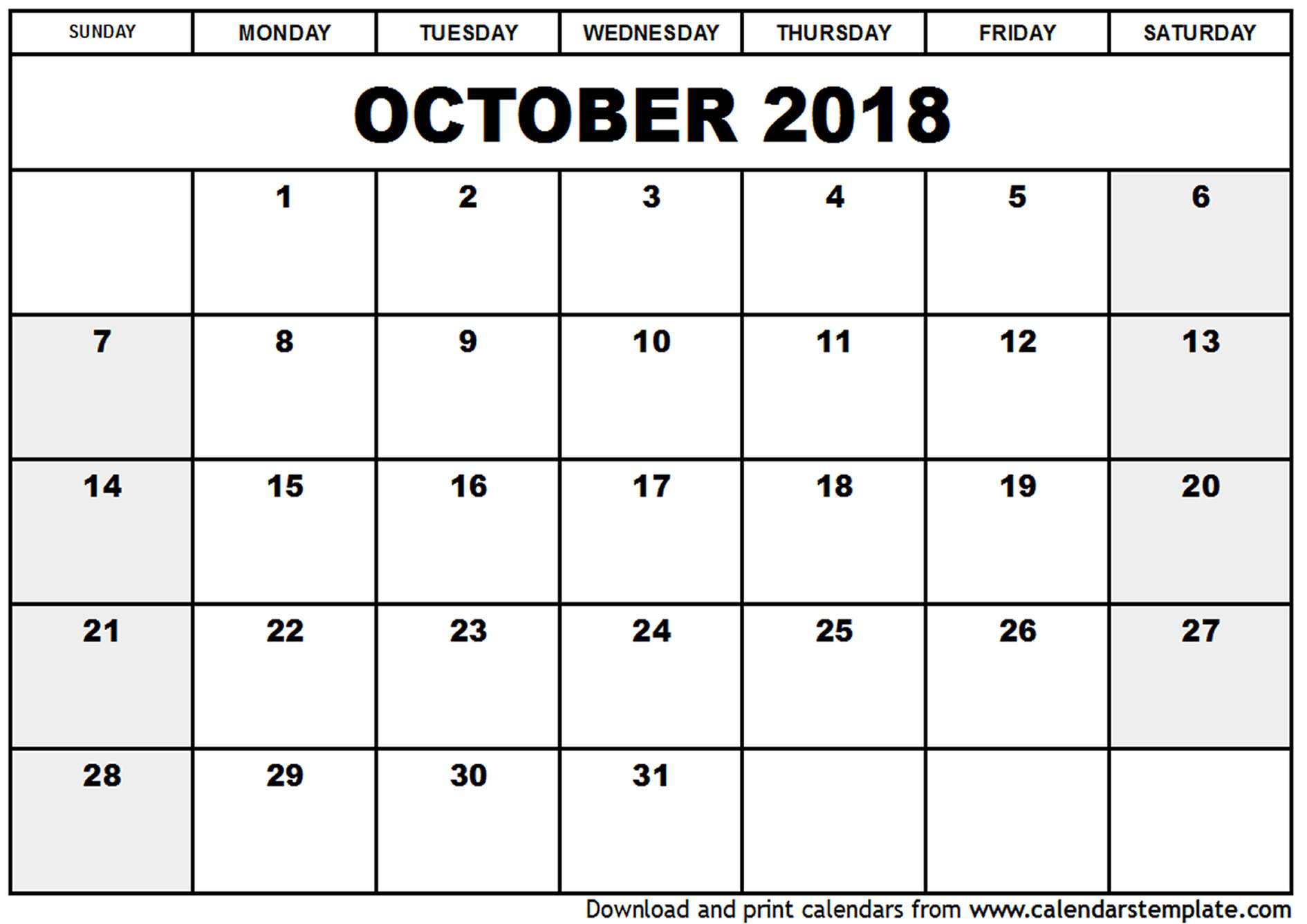 October 2018 Calendar Template October 2018 Calendar Template