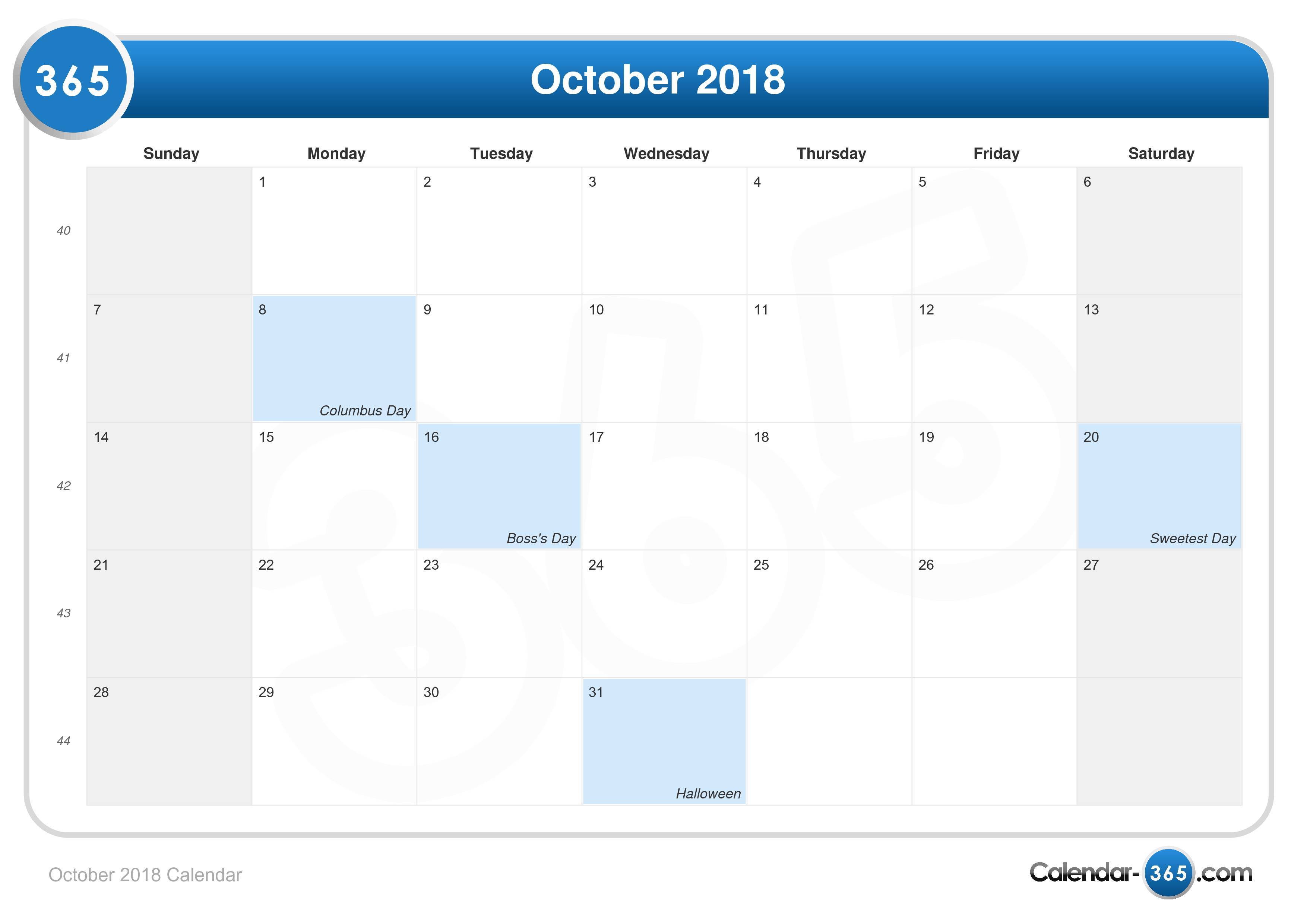 October 2018 Calendar Template October 2018 Calendar Template