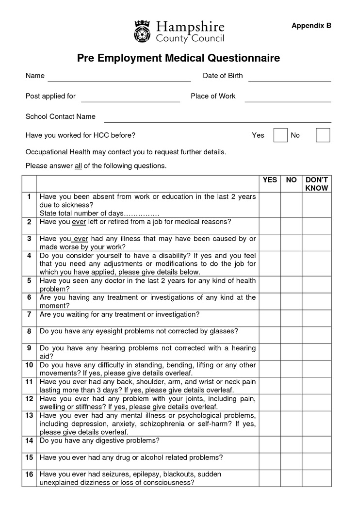 pre employment Medical Form Template | templates free printable