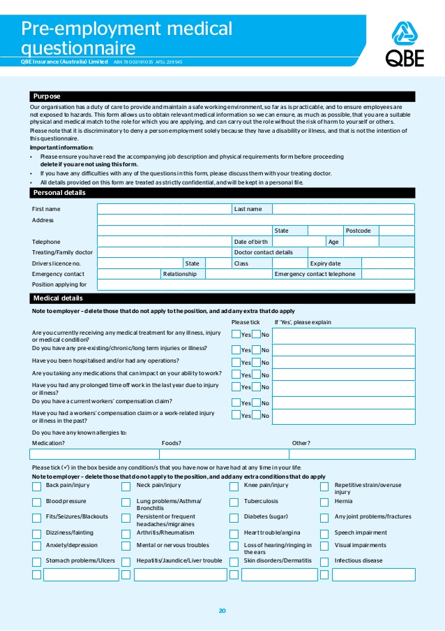 Questionnaire Template for Pre Employment Medical, Format of Pre 
