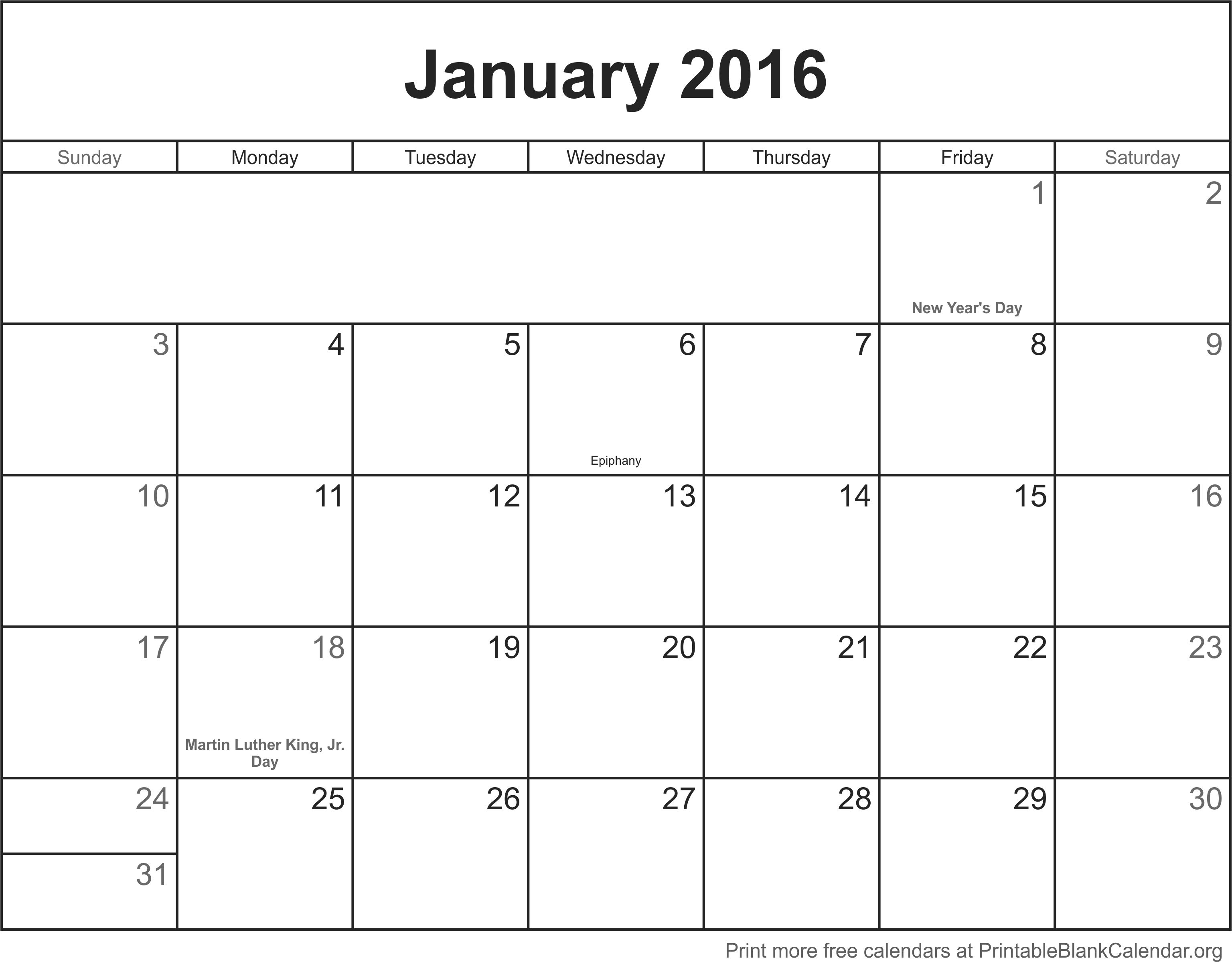 January 2016 printable calendar template Printable Blank 