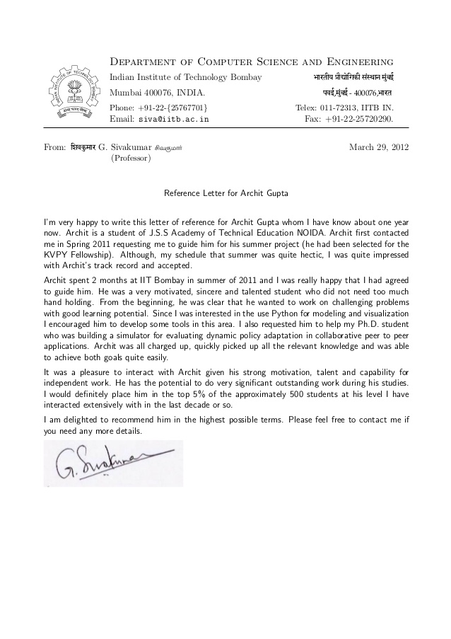 recommendation letter prof. G Sivakumar, H.O.D. cfdvs, IIT BOMBAY