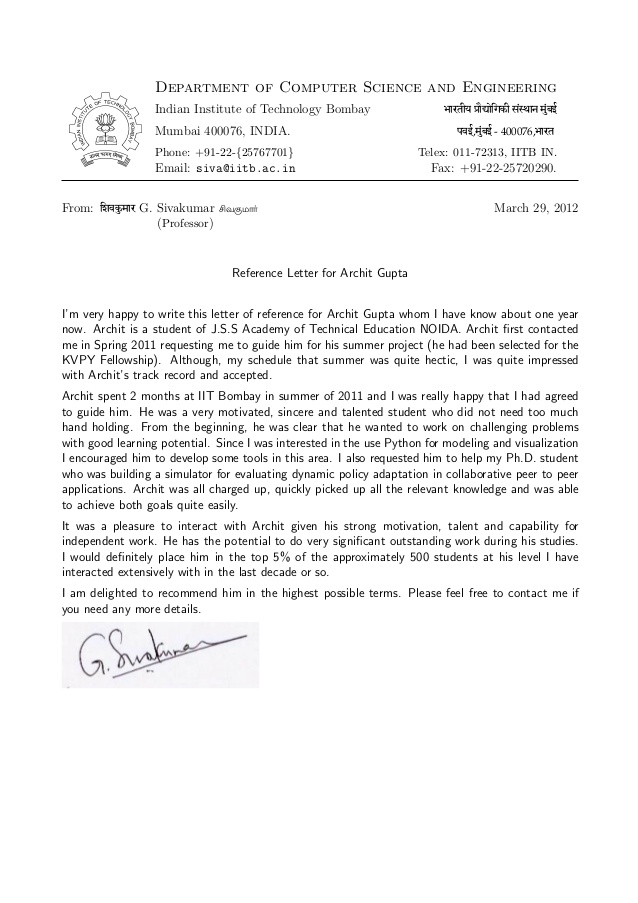 recommendation letter prof. G Sivakumar, H.O.D. cfdvs, IIT BOMBAY recommendation letter prof. G Sivakumar, H.O.D. cfdvs, IIT BOMBAY