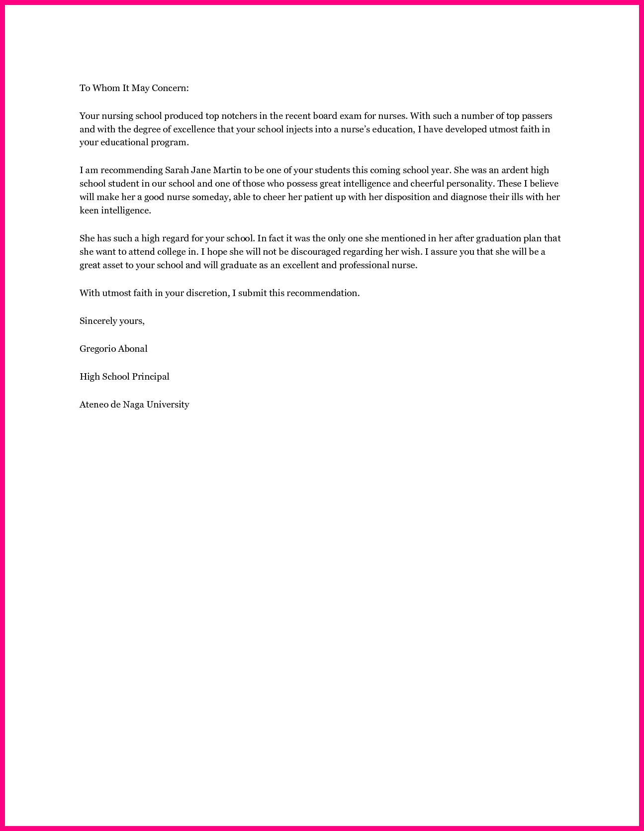 Professional Recommendation Letter For Nursing School