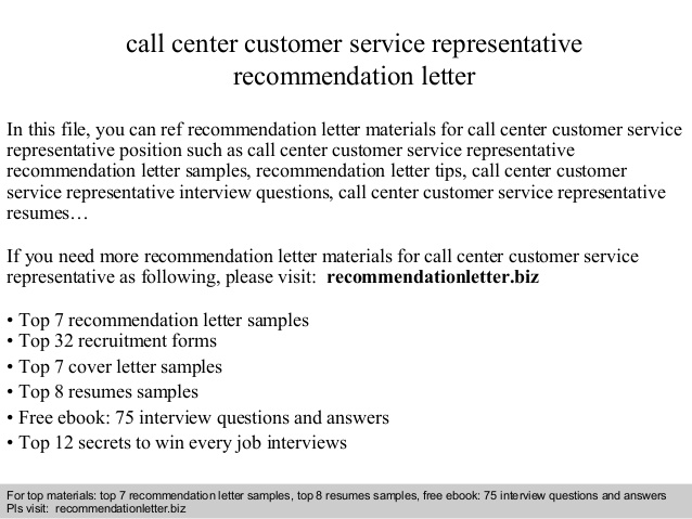 Call center customer service representative recommendation letter
