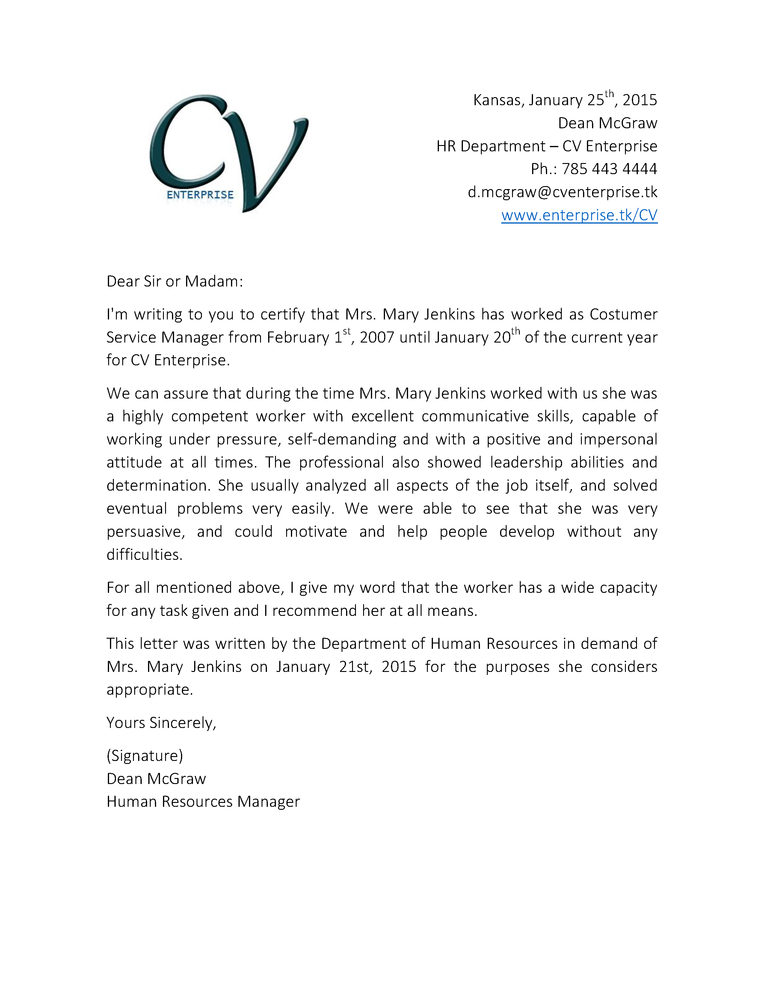 Recommendation Letter for Customer Service Job 2 Grow