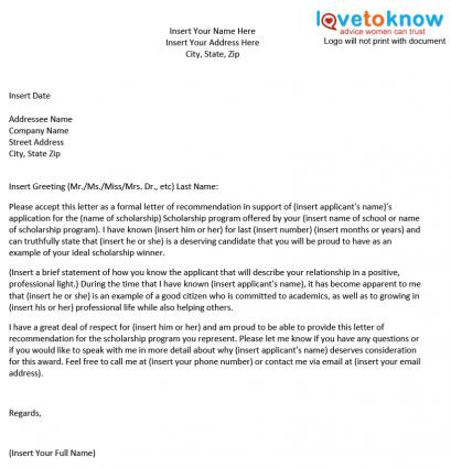 Sample Scholarship Recommendation Letter Sample Scholarship Recommendation Letter