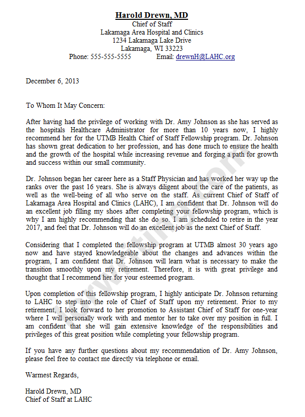 medical school application letter of recommendation sample