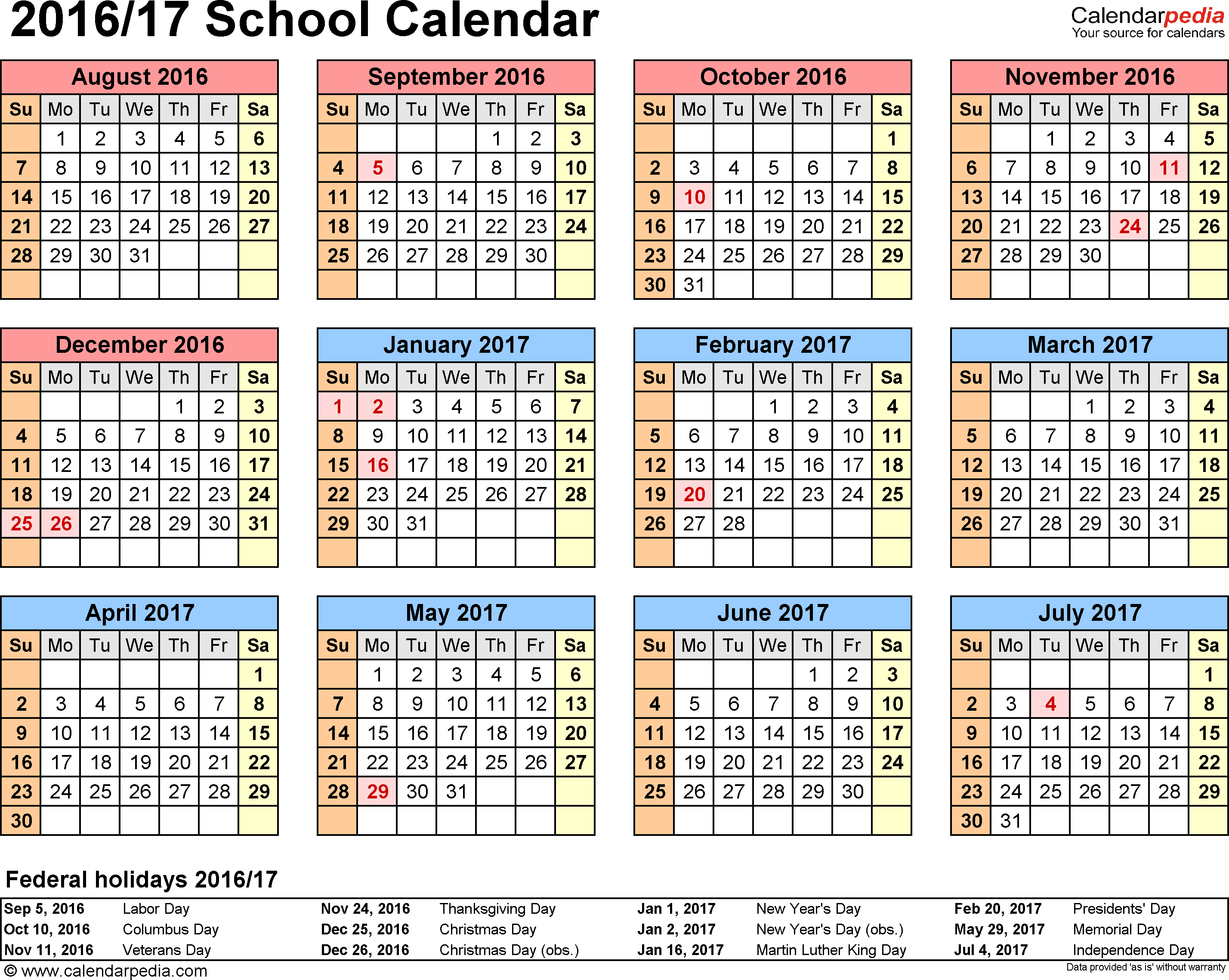 School calendars 2016/2017 as free printable Excel templates School calendars 2016/2017 as free printable Excel templates