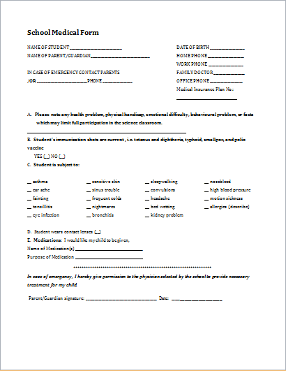 Student Medical History Form Template | Printable Medical Forms 