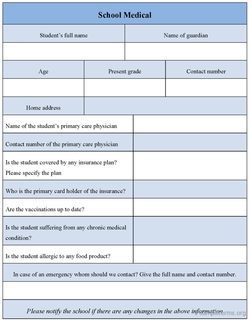 School medical form, sample School medical form | Sample Forms School medical form, sample School medical form | Sample Forms