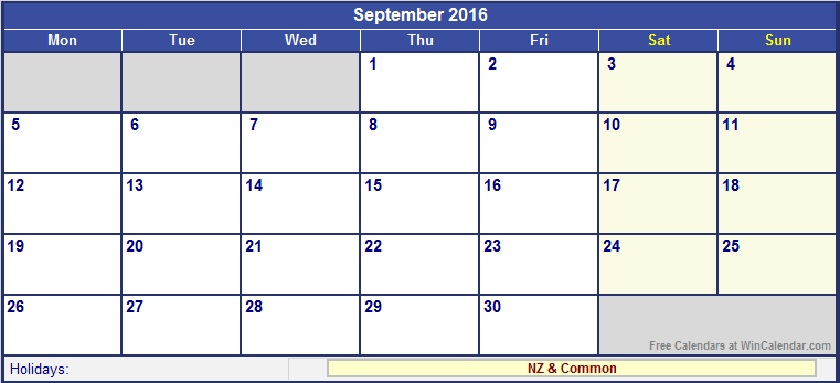 September 2016 New Zealand Calendar with Holidays for printing 