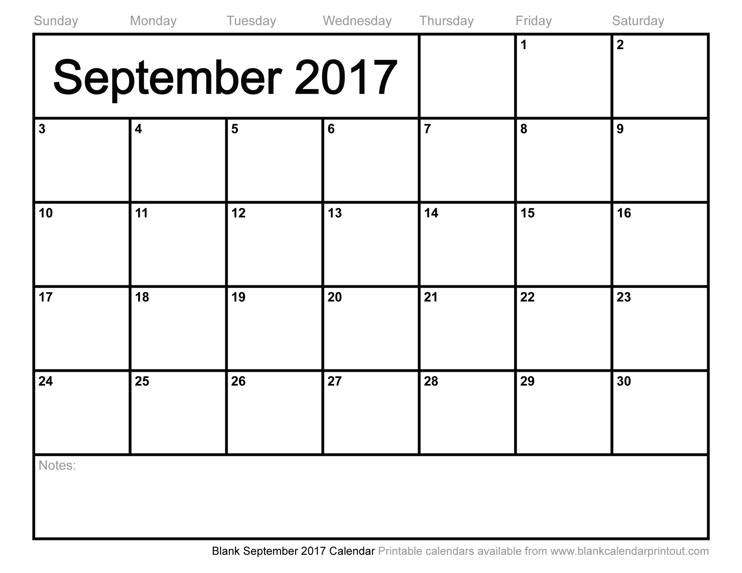 Blank September 2017 Calendar to Print