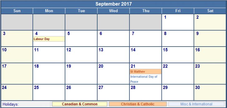 September 2017 Calendar Canada | monthly calendar printable