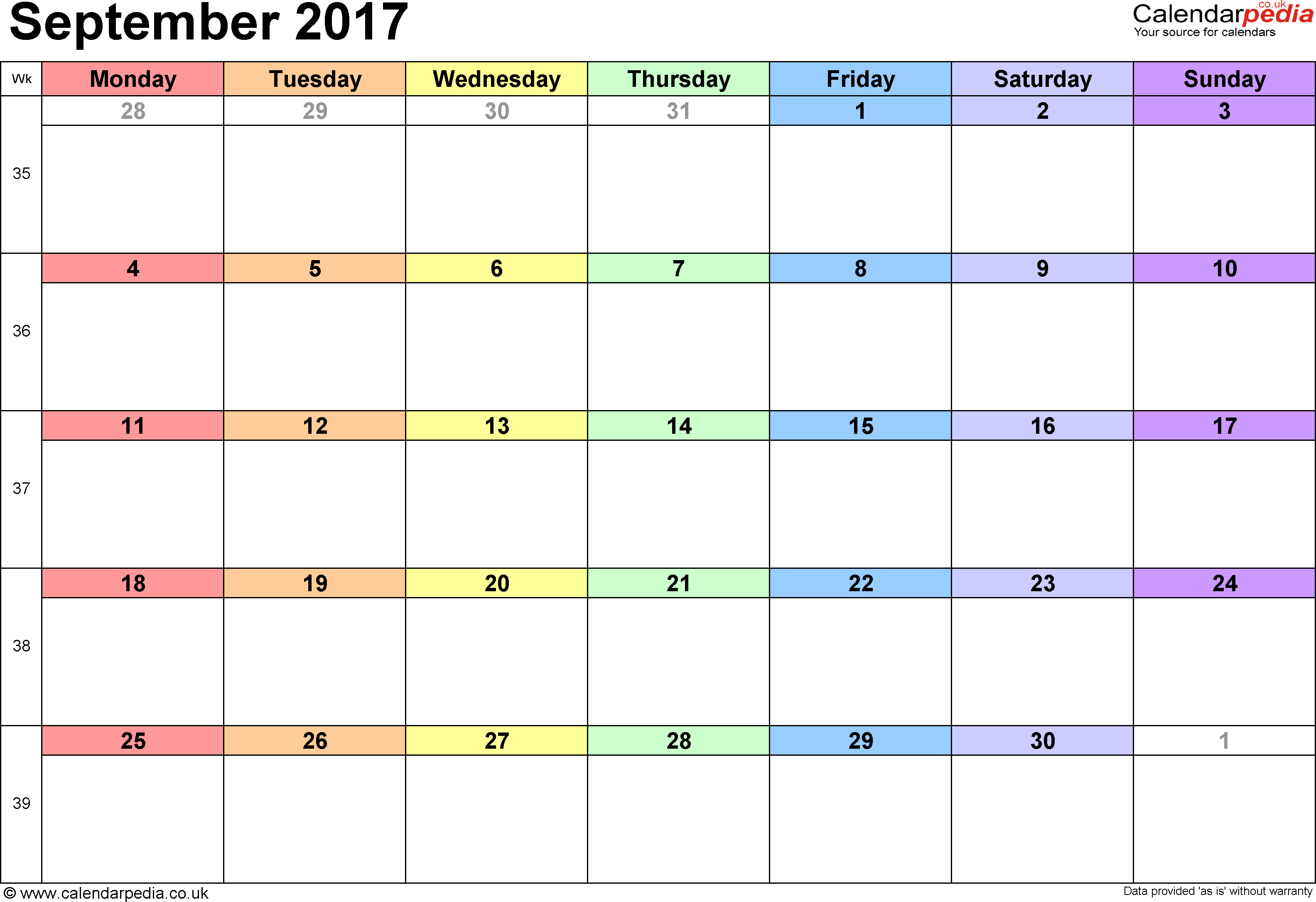 Calendar September 2017 UK, Bank Holidays, Excel/PDF/Word Templates