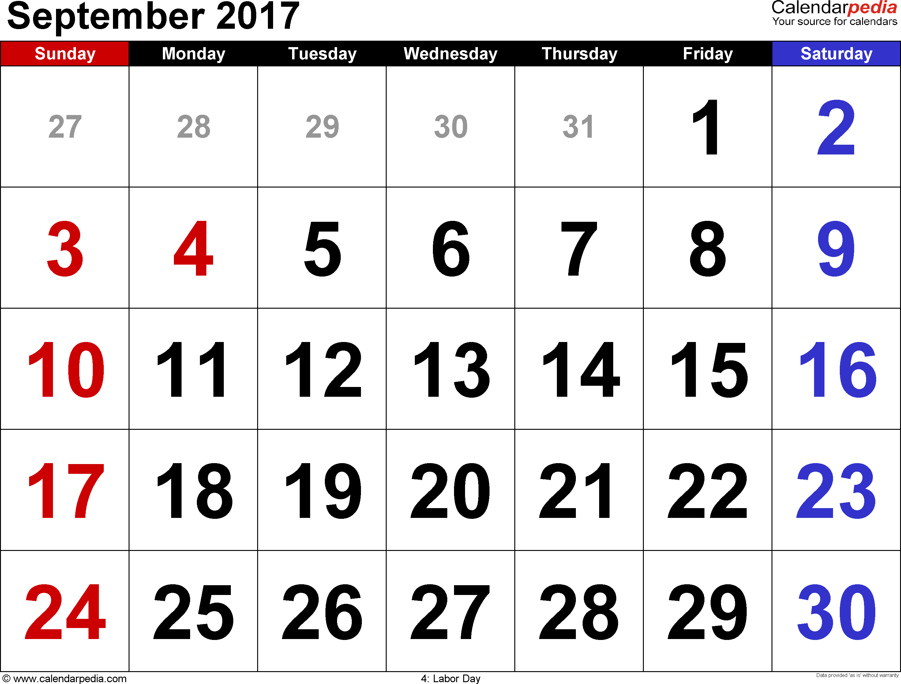 September 2017 Calendars for Word, Excel & PDF
