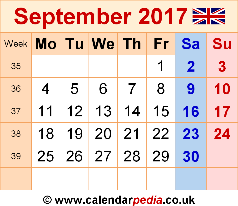 Calendar September 2017 UK, Bank Holidays, Excel/PDF/Word Templates