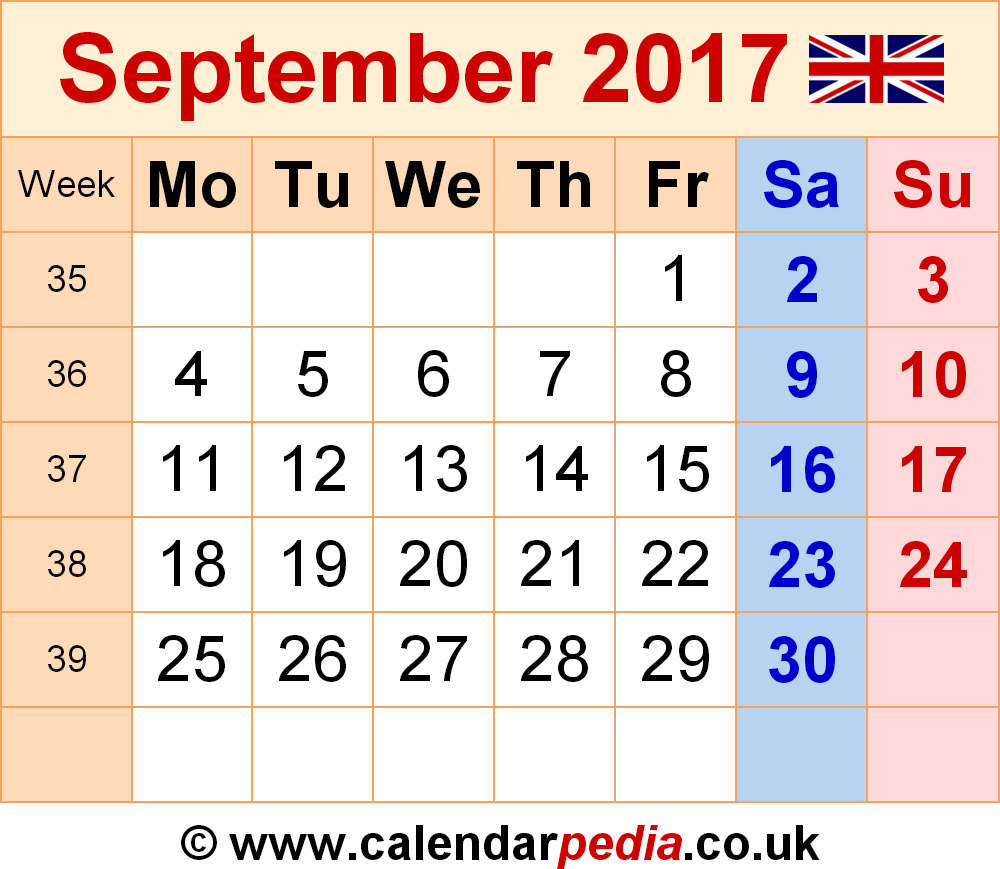 Calendar September 2017 UK, Bank Holidays, Excel/PDF/Word Templates Calendar September 2017 UK, Bank Holidays, Excel/PDF/Word Templates