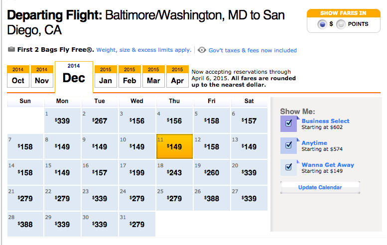 Southwest Airlines Low Fare Chart