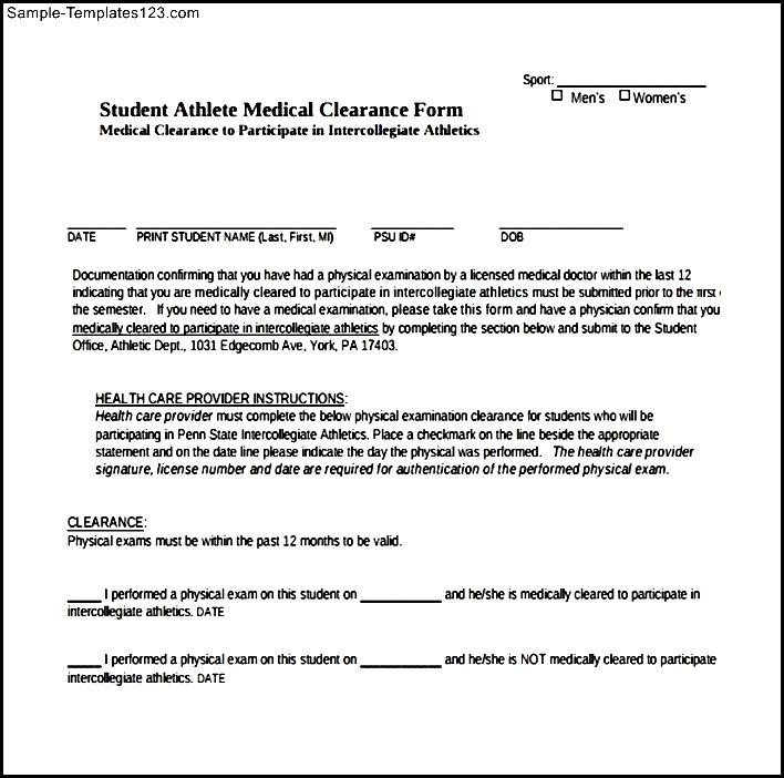 Student Medical Clearance Form | Sample Templates