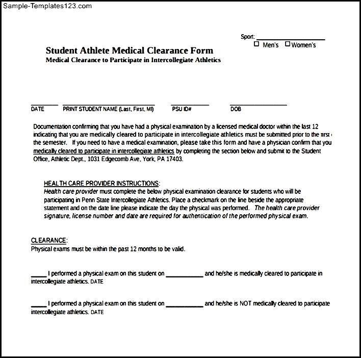 Student Medical Clearance Form | Sample Templates Student Medical Clearance Form | Sample Templates