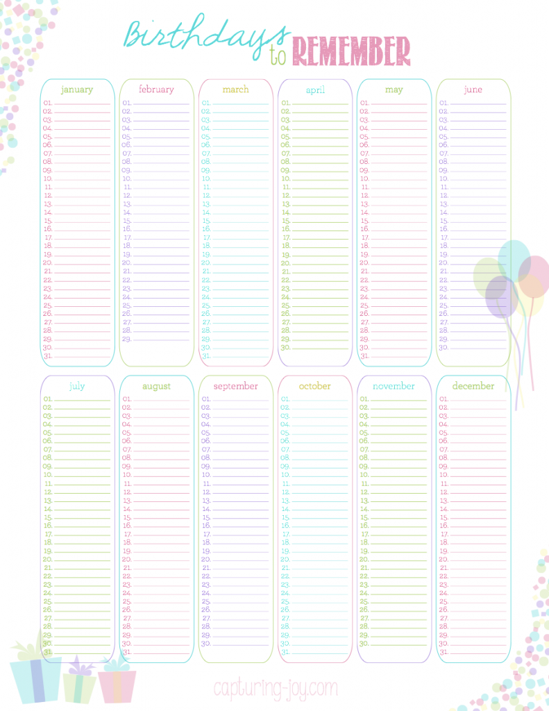 Birthdays to Remember~Yearly Calendar free printable