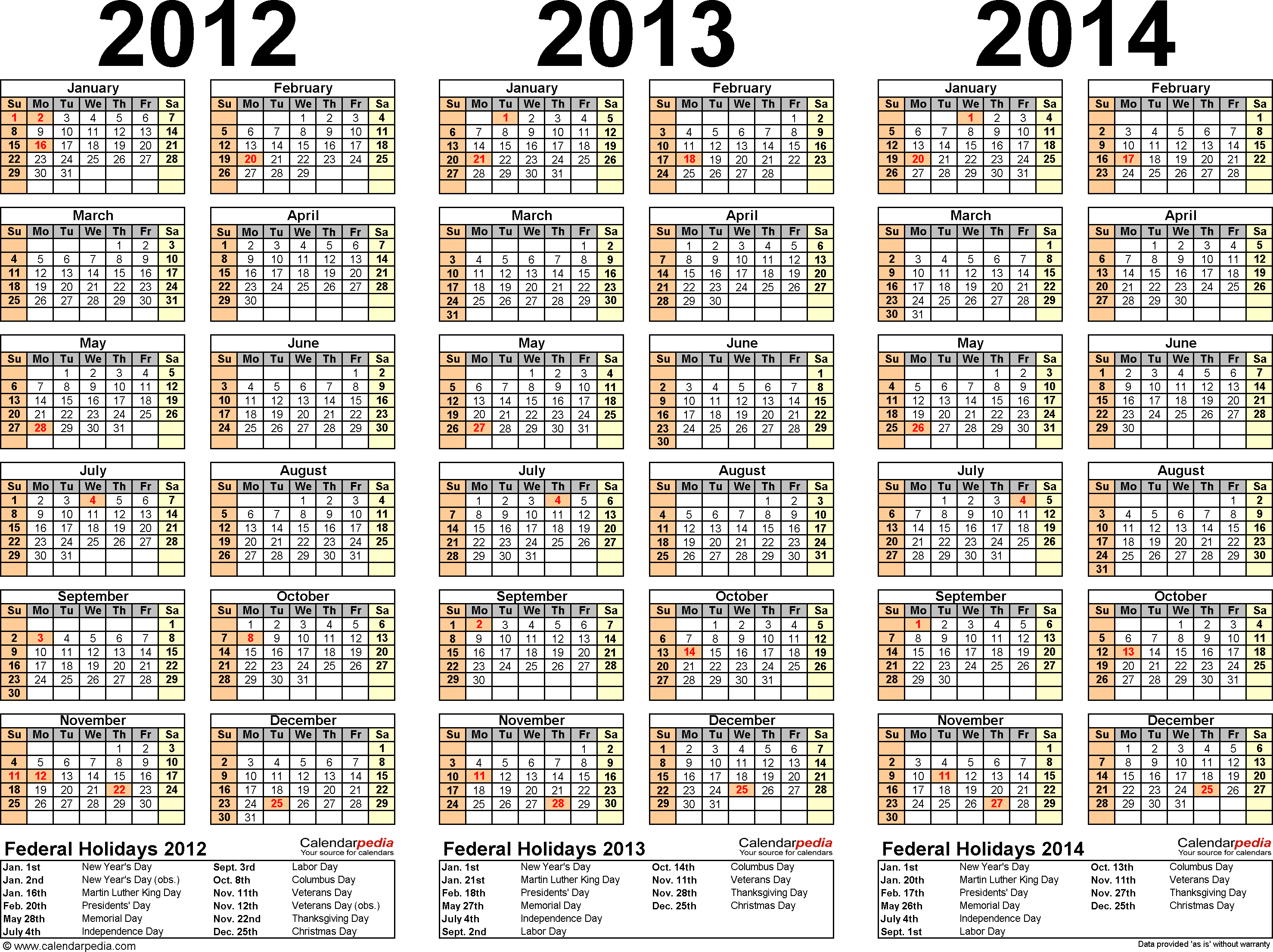 2012/2013/2014 calendar 2 three year printable PDF calendars