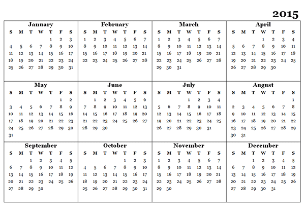 Yearly Calendar 2015 Templates Free Printable