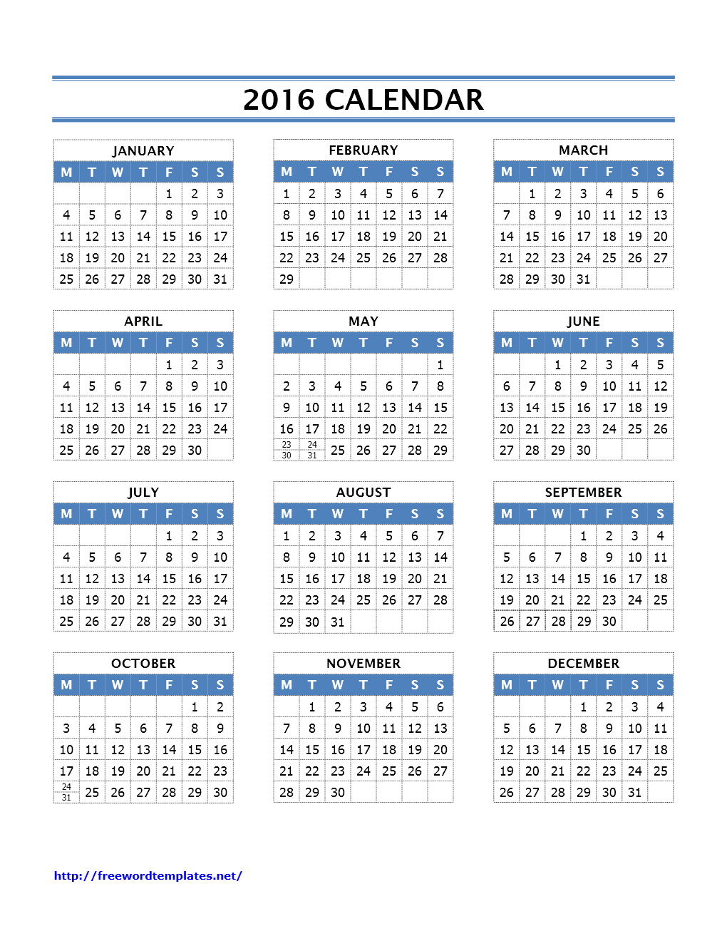 2016 Calendar Templates | Freewordtemplates.net