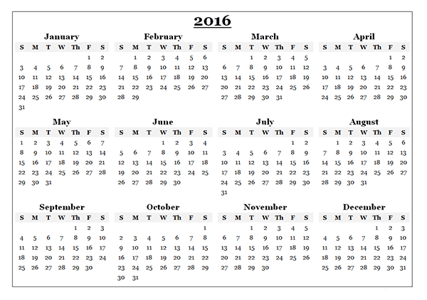 2016 Yearly Calendar Template 08 Free Printable Templates